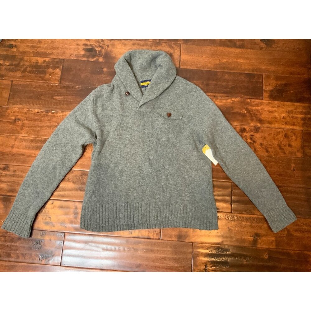 Rugby Ralph Lauren Mens Gray Wool Shawl Collar Sweater Elbow Patches, Size Large
